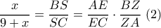 \dfrac{x}{9+x}=\dfrac{BS}{SC}=\dfrac{AE}{EC}\cdot\dfrac{BZ}{ZA} \ (2) \dfrac{x}{9+x}=\dfrac{BS}{SC}=\dfrac{AE}{EC}\cdot\dfrac{BZ}{ZA} \ (2)