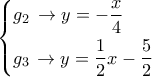 \left\{ \begin{gathered} 
  {g_2}\, \to y =  - \dfrac{x}{4} \hfill \\ 
  {g_{3\,}} \to y = \dfrac{1}{2}x - \dfrac{5}{2} \hfill \\  
\end{gathered}  \right.