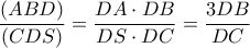\dfrac{(ABD)}{(CDS)}=\dfrac{DA\cdot DB}{DS\cdot DC}=\dfrac{3DB}{DC}