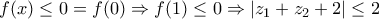 \displaystyle{f(x) \le 0 =f(0)\Rightarrow f(1) \le 0 \Rightarrow \left| {z_1  + z_2  + 2} \right| \le 2}
