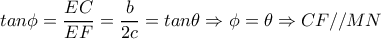 tan \phi = \dfrac{EC}{EF}= \dfrac{b}{2c}=tan \theta \Rightarrow \phi = \theta \Rightarrow CF//MN tan \phi = \dfrac{EC}{EF}= \dfrac{b}{2c}=tan \theta \Rightarrow \phi = \theta \Rightarrow CF//MN