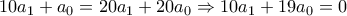 10a_{1}+a_{0}=20a_{1}+20a_{0} \Rightarrow 10 a_{1}+19a_{0}=0