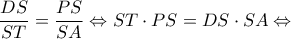 \displaystyle \frac{{DS}}{{ST}} = \frac{{PS}}{{SA}} \Leftrightarrow ST \cdot PS = DS \cdot SA \Leftrightarrow 