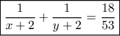\boxed{\frac{1}{{x + 2}} + \frac{1}{{y + 2}} = \frac{{18}}{{53}}} \boxed{\frac{1}{{x + 2}} + \frac{1}{{y + 2}} = \frac{{18}}{{53}}}