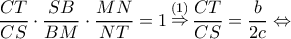 \displaystyle \frac{{CT}}{{CS}} \cdot \frac{{SB}}{{BM}} \cdot \frac{{MN}}{{NT}} = 1\mathop  \Rightarrow \limits^{(1)} \frac{{CT}}{{CS}} = \frac{b}{{2c}} \Leftrightarrow 