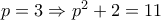 p=3\Rightarrow p^{2}+2=11