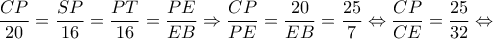 \displaystyle \frac{{CP}}{{20}} = \frac{{SP}}{{16}} = \frac{{PT}}{{16}} = \frac{{PE}}{{EB}} \Rightarrow \frac{{CP}}{{PE}} = \frac{{20}}{{EB}} = \frac{{25}}{7} \Leftrightarrow \frac{{CP}}{{CE}} = \frac{{25}}{{32}} \Leftrightarrow 