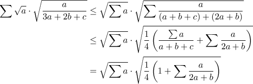 \displaystyle{ 
\begin{aligned} 
\sum \sqrt{a} \cdot \sqrt{\dfrac{a}{3a + 2b + c}} 
&\leq \sqrt{\sum a} \cdot \sqrt{\sum \dfrac{a}{(a + b + c) + (2a + b)}} \\ 
&\leq \sqrt{ \sum a} \cdot \sqrt{\dfrac{1}{4} \left( \dfrac{\sum a}{a + b + c} + \sum \dfrac{a}{2a + b} \right)} \\ 
&= \sqrt{ \sum a} \cdot \sqrt{\dfrac{1}{4} \left( 1 + \sum \dfrac{a}{2a + b} \right)} 
\end{aligned} 
}