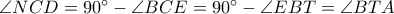 \angle NCD=90^{\circ}-\angle BCE=90^{\circ}-\angle EBT=\angle BTA