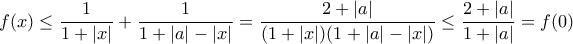 \displaystyle f(x)\leq \frac{1}{1+|x|}+\frac{1}{1+|a|-|x|}=\frac{2+|a|}{(1+|x|)(1+|a|-|x|)}\leq \frac{2+|a|}{1+|a|}=f(0)