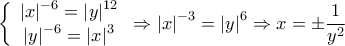 \displaystyle{\left\{ {\begin{array}{*{20}{c}}
{{{\left| x \right|}^{ - 6}} = {{\left| y \right|}^{12}}}\\
{{{\left| y \right|}^{ - 6}} = {{\left| x \right|}^3}}
\end{array}} \right. \Rightarrow {\left| x \right|^{ - 3}} = {\left| y \right|^6} \Rightarrow x =\pm \frac{1}{{{y^2}}}} \displaystyle{\left\{ {\begin{array}{*{20}{c}}
{{{\left| x \right|}^{ - 6}} = {{\left| y \right|}^{12}}}\\
{{{\left| y \right|}^{ - 6}} = {{\left| x \right|}^3}}
\end{array}} \right. \Rightarrow {\left| x \right|^{ - 3}} = {\left| y \right|^6} \Rightarrow x =\pm \frac{1}{{{y^2}}}}