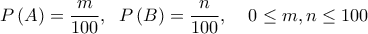  \displaystyle P\left( A \right) = \frac{m}{{100}},\;\;P\left( B \right) = \frac{n}{{100}},\;\;\;\;0 \le m,n \le 100