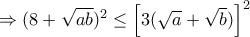 \Rightarrow (8 + \sqrt{ab})^2\leq \left[3(\sqrt{a}+\sqrt{b})\right]^2
