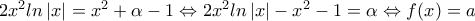 2{{x}^{2}}ln\left| x \right|={{x}^{2}}+\alpha -1\Leftrightarrow 2{{x}^{2}}ln\left| x \right|-{{x}^{2}}-1=\alpha \Leftrightarrow f(x)=a