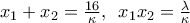 {{x}_{1}}+{{x}_{2}}=\frac{16}{\kappa },\,\,\,{{x}_{1}}{{x}_{2}}=\frac{\lambda }{\kappa }