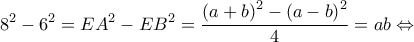 \displaystyle {8^2} - {6^2} = E{A^2} - E{B^2} = \frac{{{{(a + b)}^2} - {{(a - b)}^2}}}{4} = ab \Leftrightarrow 