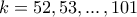 k=52,53, ... \, , 101