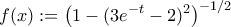 \displaystyle{f(x):=\left(1-(3e^{-t}-2)^2\right)^{-1/2}}