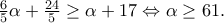\frac{6}{5} \alpha +\frac{24}{5} \ge \alpha +17 \Leftrightarrow \alpha \ge 61. \frac{6}{5} \alpha +\frac{24}{5} \ge \alpha +17 \Leftrightarrow \alpha \ge 61.