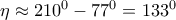  \eta \approx 210^0-77^0=133^0