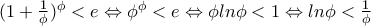 (1+ \frac{1}{ \phi})^{\phi}<e \Leftrightarrow \phi^{\phi}<e \Leftrightarrow \phi ln \phi<1 \Leftrightarrow ln\phi < \frac{1}{\phi}