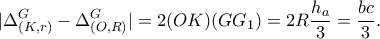 \displaystyle |\Delta _{(K,r)}^G - \Delta _{(O,R)}^G| = 2(OK)(G{G_1}) = 2R\frac{{{h_a}}}{3} = \frac{{bc}}{3}.