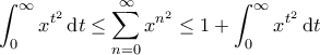 \displaystyle{\int_0^\infty x^{t^2}\,\mathrm{d}t \leq \sum_{n=0}^\infty x^{n^2} \leq 1 + \int_0^\infty x^{t^2}\,\mathrm{d}t}