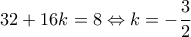  \displaystyle 32 + 16k = 8 \Leftrightarrow k =  - \frac{3}{2}