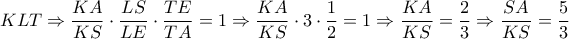 \displaystyle{KLT \Rightarrow \frac{{KA}}{{KS}} \cdot \frac{{LS}}{{LE}} \cdot \frac{{TE}}{{TA}} = 1 \Rightarrow \frac{{KA}}{{KS}} \cdot 3 \cdot \frac{1}{2} = 1 \Rightarrow \frac{{KA}}{{KS}} = \frac{2}{3} \Rightarrow \frac{{SA}}{{KS}} = \frac{5}{3}} \displaystyle{KLT \Rightarrow \frac{{KA}}{{KS}} \cdot \frac{{LS}}{{LE}} \cdot \frac{{TE}}{{TA}} = 1 \Rightarrow \frac{{KA}}{{KS}} \cdot 3 \cdot \frac{1}{2} = 1 \Rightarrow \frac{{KA}}{{KS}} = \frac{2}{3} \Rightarrow \frac{{SA}}{{KS}} = \frac{5}{3}}