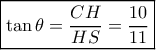 \boxed{\tan \theta  = \frac{{CH}}{{HS}} = \frac{{10}}{{11}}}