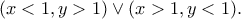 \displaystyle{(x<1, y>1)\vee (x>1,y<1).}