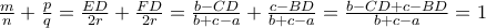\frac{m}{n}+\frac{p}{q}=\frac{ED}{2r}+\frac{FD}{2r}=\frac{b-CD}{b+c-a}+\frac{c-BD}{b+c-a}=\frac{b-CD+c-BD}{b+c-a}=1 \frac{m}{n}+\frac{p}{q}=\frac{ED}{2r}+\frac{FD}{2r}=\frac{b-CD}{b+c-a}+\frac{c-BD}{b+c-a}=\frac{b-CD+c-BD}{b+c-a}=1