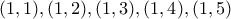 (1,1),(1,2),(1,3),(1,4),(1,5) (1,1),(1,2),(1,3),(1,4),(1,5)