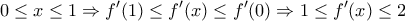 \displaystyle{0\leq x\leq 1\Rightarrow f^\prime(1)\leq f^\prime(x)\leq f^\prime(0)\Rightarrow 1\leq f^\prime(x)\leq 2}