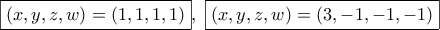 \boxed{(x,y,z,w)=(1,1,1,1)}, \,\, \boxed{(x,y,z,w)=(3,-1,-1,-1)}