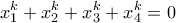 \displaystyle{
x_1 ^k + x_2 ^k + x_3 ^k + x_4 ^k = 0
} \displaystyle{
x_1 ^k + x_2 ^k + x_3 ^k + x_4 ^k = 0
}