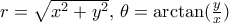 r = \sqrt {x^2+y^2}, \, \theta = \arctan (\frac{y}{x}) r = \sqrt {x^2+y^2}, \, \theta = \arctan (\frac{y}{x})