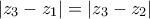 \displaystyle{|z_{3}-z_{1}|=|z_{3}-z_{2}|}