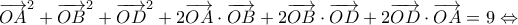\displaystyle{{{\overrightarrow{OA}}^{2}}+{{\overrightarrow{OB}}^{2}}+{{\overrightarrow{OD}}^{2}}+2\overrightarrow{OA}\cdot \overrightarrow{OB}+2\overrightarrow{OB}\cdot \overrightarrow{OD}+2\overrightarrow{OD}\cdot \overrightarrow{OA}=9\Leftrightarrow }