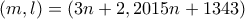 (m,l)=(3n+2,2015n+1343)