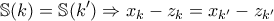\displaystyle \mathbb{S}(k)=\mathbb{S}(k')\Rightarrow x_k-z_k=x_{k'}-z_{k'}