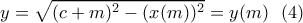 \displaystyle{y=\sqrt{(c+m)^2-(x(m))^2}=y(m) \ \ (4)} \displaystyle{y=\sqrt{(c+m)^2-(x(m))^2}=y(m) \ \ (4)}
