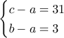 \begin{cases} 
c-a=31 \\  
b-a=3    
\end{cases}