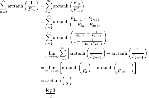 \begin{aligned} 
\sum_{n=2}^{\infty} {\rm arctanh} \left ( \frac{1}{F_{2n}} \right ) &= \sum_{n=2}^{\infty} {\rm arctanh} \left ( \frac{F_{2n}}{F_{2n}^2} \right ) \\  
 &=\sum_{n=2}^{\infty} {\rm arctanh} \frac{F_{2n-1} - F_{2n+1}}{1-F_{2n-1}F_{2n+1}} \\  
 &= \sum_{n=2}^{\infty} {\rm arctanh} \left ( \frac{\frac{1}{F_{2n-1}} - \frac{1}{F_{2n+1}}}{1- \frac{1}{F_{2n-1} F_{2n+1}}} \right )\\  
 &=\lim_{m \rightarrow +\infty} \sum_{n=2}^{m} \left [ {\rm arctanh} \left ( \frac{1}{F_{2n-1}}  \right )  - {\rm arctanh} \left ( \frac{1}{F_{2n+1}} \right )\right ] \\  
 &= \lim_{m \rightarrow +\infty} \left [ {\rm arctanh} \left ( \frac{1}{F_3}   \right )  - {\rm arctanh} \left ( \frac{1}{F_{2m+1}} \right )\right ]\\ 
 &= {\rm arctanh} \left ( \frac{1}{2} \right ) \\ 
 &= \frac{\log 3}{2} 
\end{aligned}