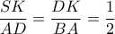 \dfrac{SK}{AD}=\dfrac{DK}{BA}=\dfrac{1}{2}