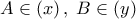 \displaystyle{ 
A \in \left( x \right),\;B \in \left( y \right) 
}