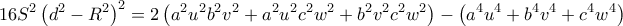 \displaystyle{16S^2 \left ( d^2-R^2\right)^2 = 2 \left (a^2u^2b^2v^2+a^2u^2c^2w^2+b^2v^2c^2w^2\right)-\left( a^4u^4+b^4v^4+c^4w^4\right)}