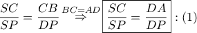 \dfrac{{SC}}{{SP}} = \dfrac{{CB}}{{DP}}\mathop  \Rightarrow \limits^{BC = AD} \boxed{\dfrac{{SC}}{{SP}} = \dfrac{{DA}}{{DP}}}:\left( 1 \right)