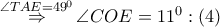 \overset{\angle TAE={{49}^{0}}}{\mathop{\Rightarrow }}\,\angle COE={{11}^{0}}:\left( 4 \right)