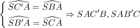 \displaystyle{ 
\left\{ \begin{gathered} 
  \widehat{SC{'}A} = \widehat{SBA} \hfill \\ 
  \widehat{SB{'}A} = \widehat{SCA} \hfill \\  
\end{gathered}  \right. \Rightarrow SAC{'}B,SAB{'}C 
}